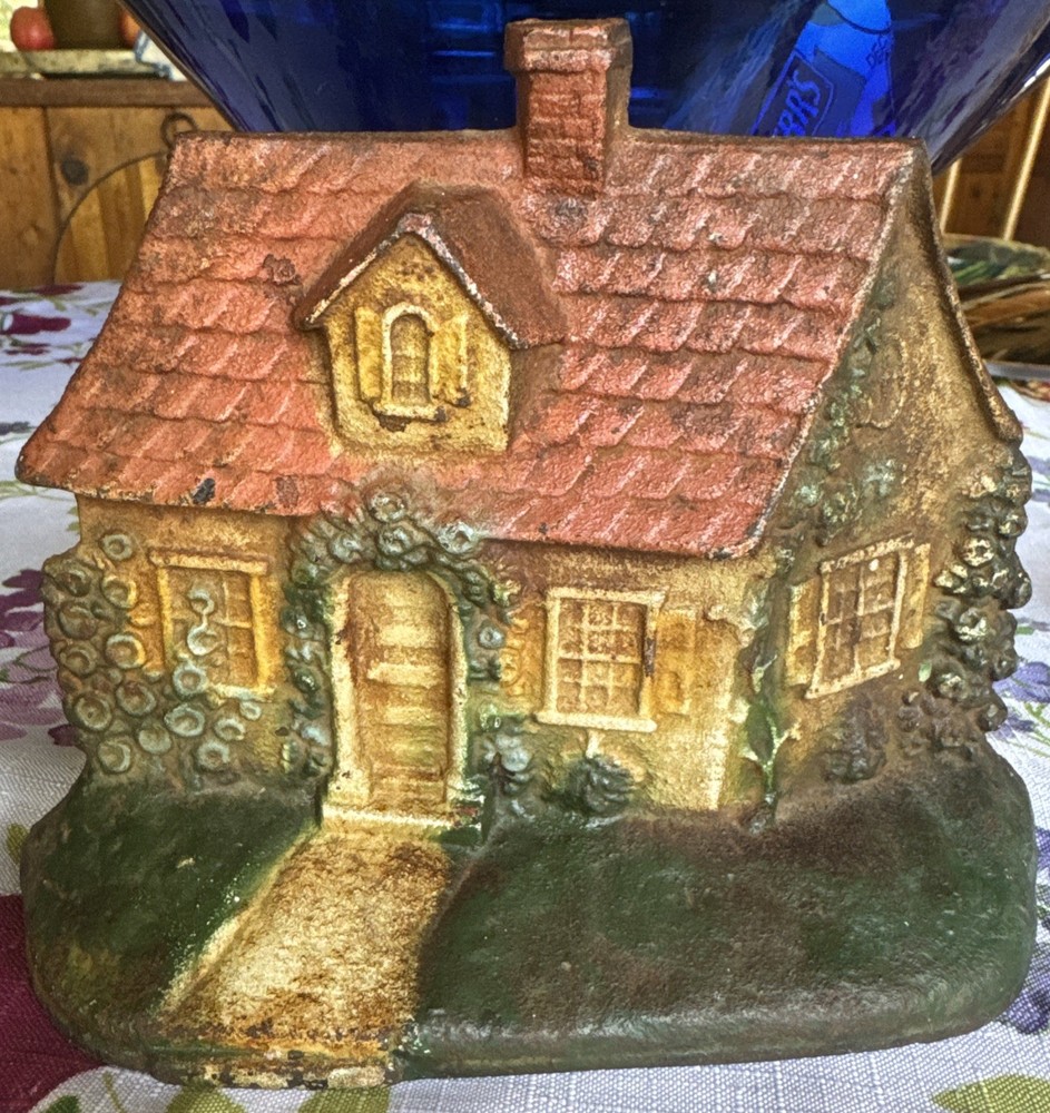 Antique Early-20thC HUBLEY Painted Cast Iron Cape Cod Cottage w/ Fence Doorstop