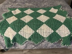 crochet granny square afghan blanket vintage 60 inch By 36 inch Green White