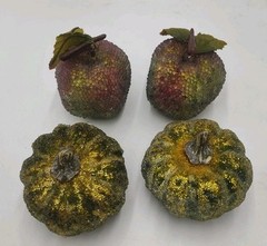 4 VTG beaded sugared faux fruit Apples and Pumpkin Gourds SEE DESCRIPTION