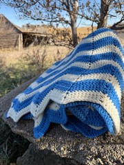 Vintage 70’s Blue and White Stripe Chevron Acrylic yarn Crochet Afghan