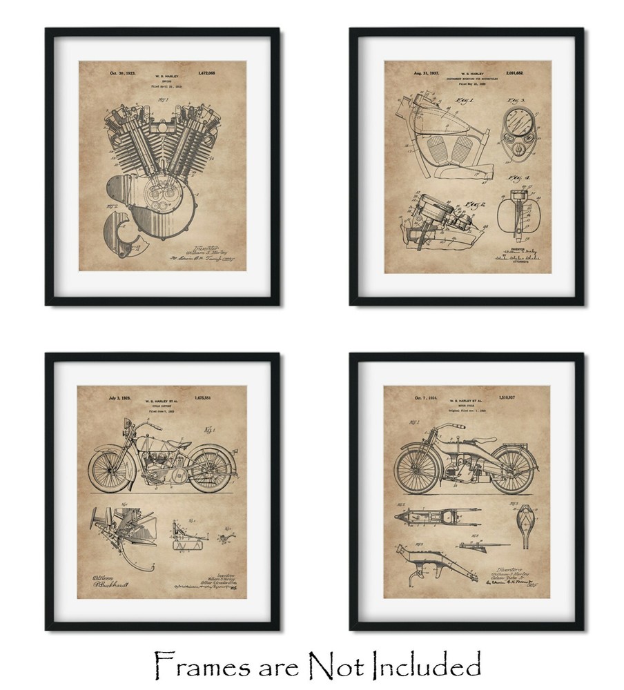 4 Harley Davidson Patent Art Prints 8×10 in. Wall Decor – Great Gift for Bikers