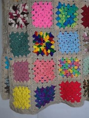 Hand Knit Afghan Lap Blanket Granny Squares 46 x 66 in Tan Boarder New