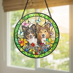 Couple Pet Memorial Stained Glass Photo Suncatcher, Custom Dog Cat Portrait