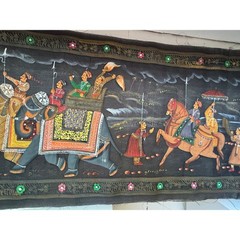 Indian Tapestry Royal Procession Scene Black Hand Painted Folk Art Hindu