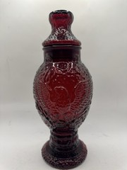 Vintage Ruby Red Eagle Pattern Pressed Glass Lidded Compote Pedestal Candy Jar