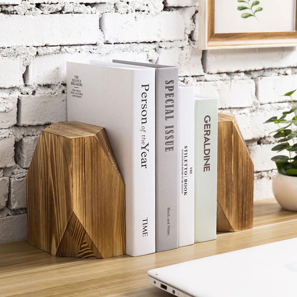 Rustic Burnt Solid Wood Block Geometric Style Bookends, 1 Pair