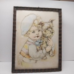 Antique 1909 Illust. & Picture Frame Girl With Her Puppy Unique Letter On Back