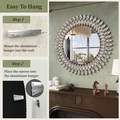 Round Jeweled Mirror for Wall Decor, 26 in Modern Decorative Wall Mirror with…
