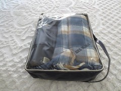 Faribo SPORTSMAN PAK-A-ROBE Blue Plaid FRINGED Acrylic THROW & THERMOS SET