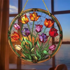 Colorful Tulip Acrylic Suncatcher Home Living Room Round Window Hanging Decor