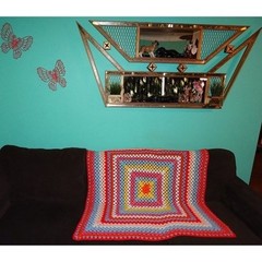 Vintage Multicolor Square Shaped Afghan mcm throw blanket retro bordered
