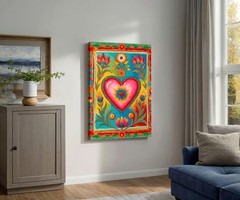 Sacred Heart Mexican Folk Art Canvas Print, Colorful Milagro Style Floral Decor