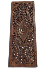 Asian Carved Wood Wall Decor Panel. Floral Wood Wall Art. Brown 35.5″x13.5″