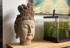 US Seller – Vintage Guanyin Head Chinese Goddess Wooden Sculpture