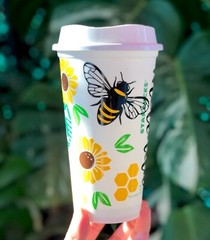 Sunflower and bee cup Starbucks grande hot cup Personalized gifts Customize
