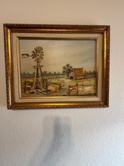 Vintage Oil Painting Signed Iva Frazier Windmill Barn Farm Landscape