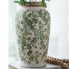 Flower Vase Decorative Bottle Box Ceramic White+Green Floral Patterns Dia 6.5″