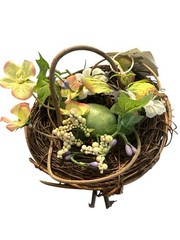 Handmade Twig Basket with Artificial Flowers and Berries – Decorative Floral egg