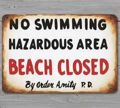Jaws No Smimming Beach Closed 8 x 12 Vintage Novelty Metal Sign Made In USA New!