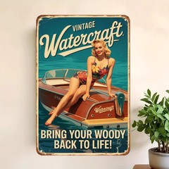 Vintage Tin Metal Sign Pinup Girl on Classic Boat Watercraft Retro 8×12