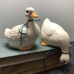 Vintage Cottage Core White Ceramic Goose Duck Home Decor Shelf Sitter Set/2