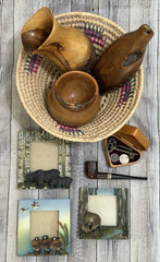 Vintage Cabin / Lake House Decor Lot – Frames, Basket, Wood Vases, Box