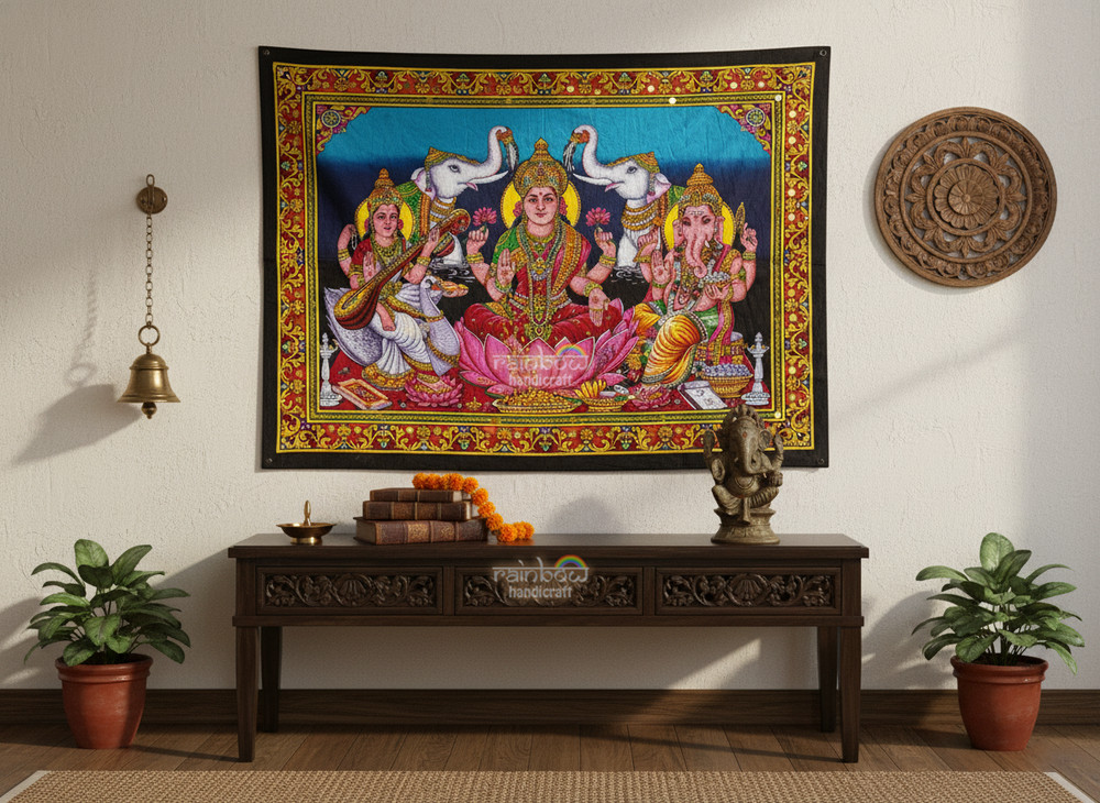 Divine Ganesh Lakshmi Saraswati Wall Hanging Spiritual God Tapestry Poster Print