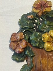 VTG Cast Iron Doorstop Bookend Orange Yellow Flowers in Barrel Cottage-core 7in