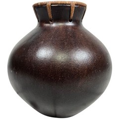 Vintage Dark Brown Gourd Vase Decorative Rustic Woven Neck Accent