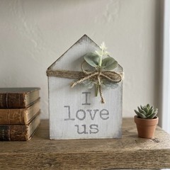 Rustic White Wash «I Love Us» Block House with Twine Bow & Greenery