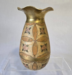 Solid Brass Fluted Vase 7″ Hand Painted Enamel Floral Details Decorative Vintage