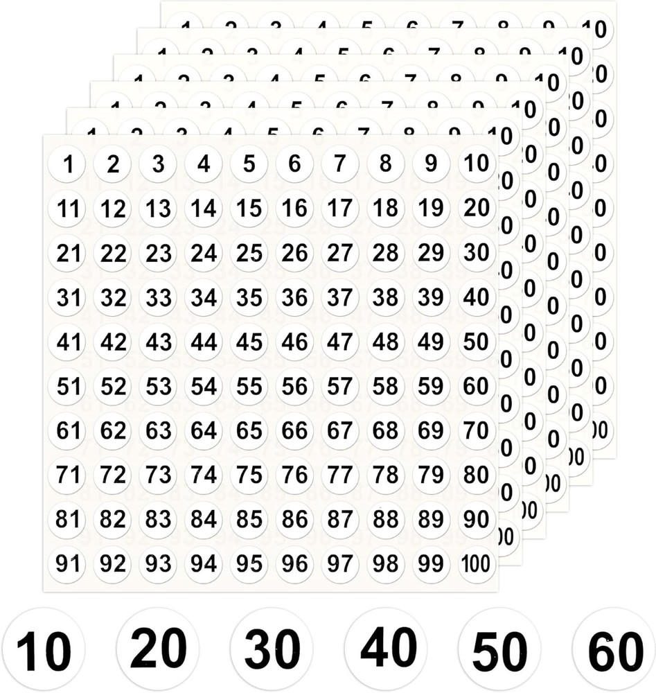 Number Stickers 1-100, 2500 Consecutive Vinyl Stickers Self-Adhesive Small Round