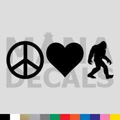 Peace Love Big Foot Vinyl Die Cut Decal Sticker – Heart Sasquatch Yeti