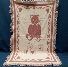 Vtg Pink Hearts & Teddy Bears Fringe Tapestry Woven Baby Blanket Approx.46 x 28″