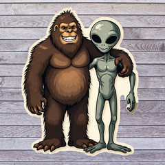Bigfoot sticker vinyl decal cartoon sasquatch alien best friends cryptid hugging