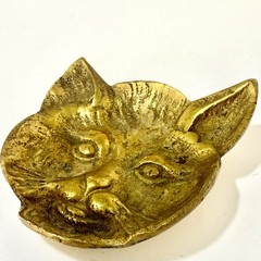 Vintage Solid Brass Cat Figural Trinket Dish 4″ Catchall Ring Holder MCM Decor