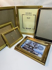 Lot of 5 Gold Tone Photo Frames 8×10 Double Hinged Wall Tabletop Mixed Styles