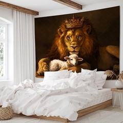 1pc Lion and Lamb Peace Symbol Tapestry – Majesty Lion with Crown, Elegant Wall