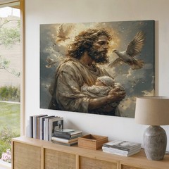 Jesus Holding Baby with Glowing Light and White Doves Spiritual Canvas Art Decor