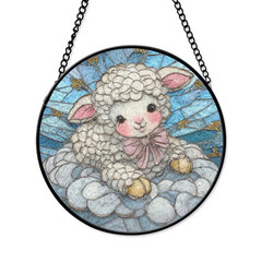 Cute Lamb Stained Glass Suncatcher, Round Baby Sheep Window Hanging, Pastel Farm