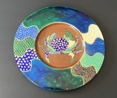 Bibi Leon Hand Crafted Painted Crab Mahogany Wood Charger Plate Tray Signed
