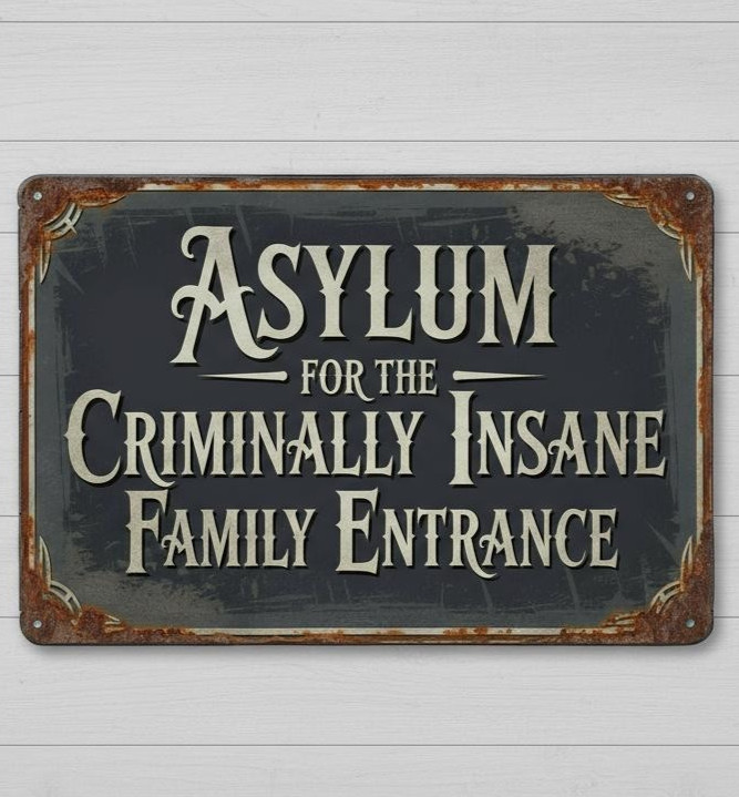 Asylum For The Criminally Insane Family Entrance 8 x 12 Novelty Metal Sign New!