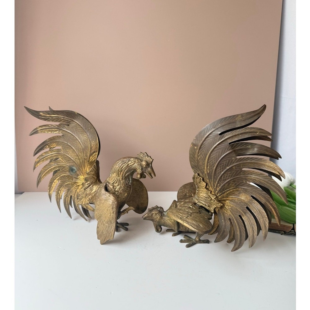 Vintage Solid Brass Fighting Roosters Figurine Sculpture | Dark Patina MCM Brass