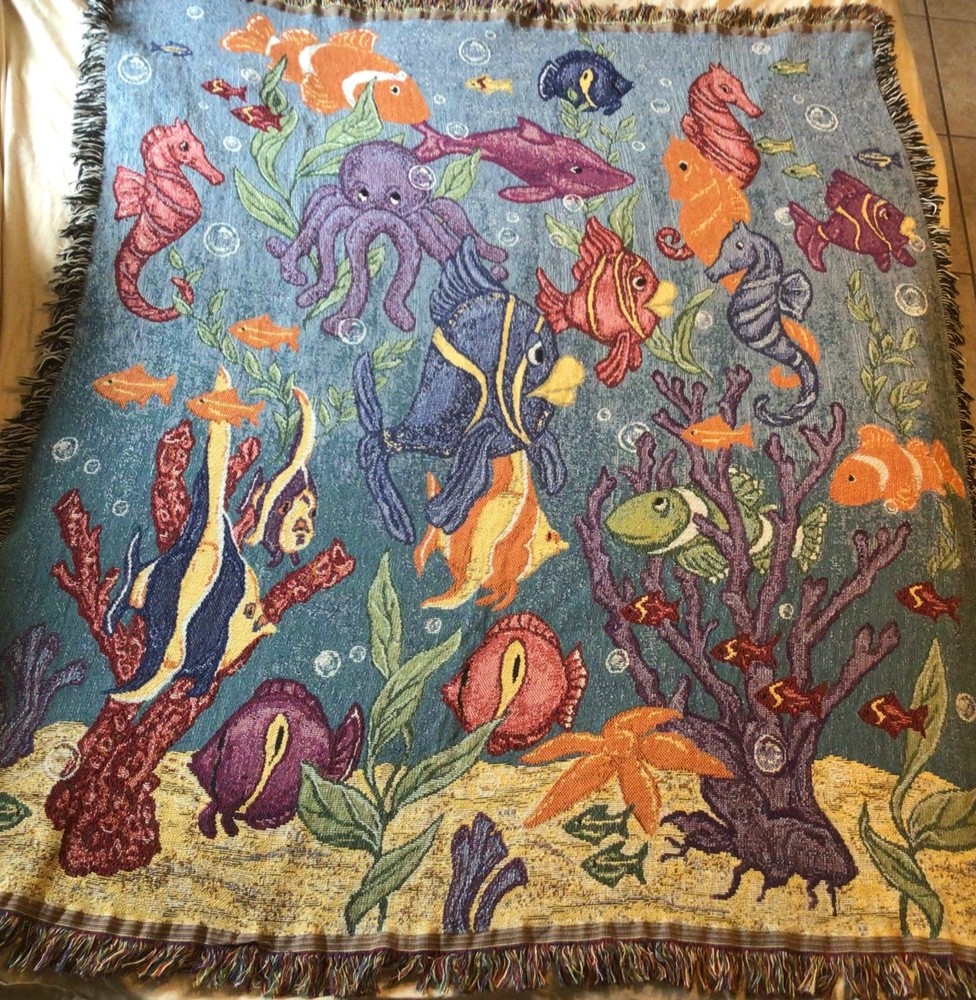 Vintage Underwater Ocean 48×60” Colorful Fish Seahorse Octopus Tapestry Blanket