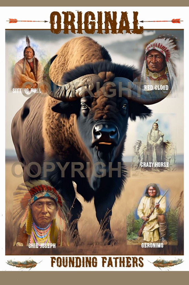 Original Founding Fathers Native Indian Chief Art All Metal Tin Sign up to 12×18