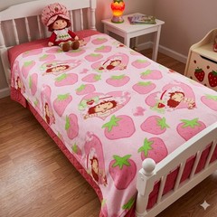 ​Vintage Strawberry Shortcake Fleece Blanket 90×66 & Flat Sheet Twin XL Y2K Cute