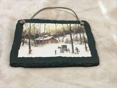 Vintage Slate Handpainted 6×5 Slate – Unknown Artist – Harvesting Maple Syrup