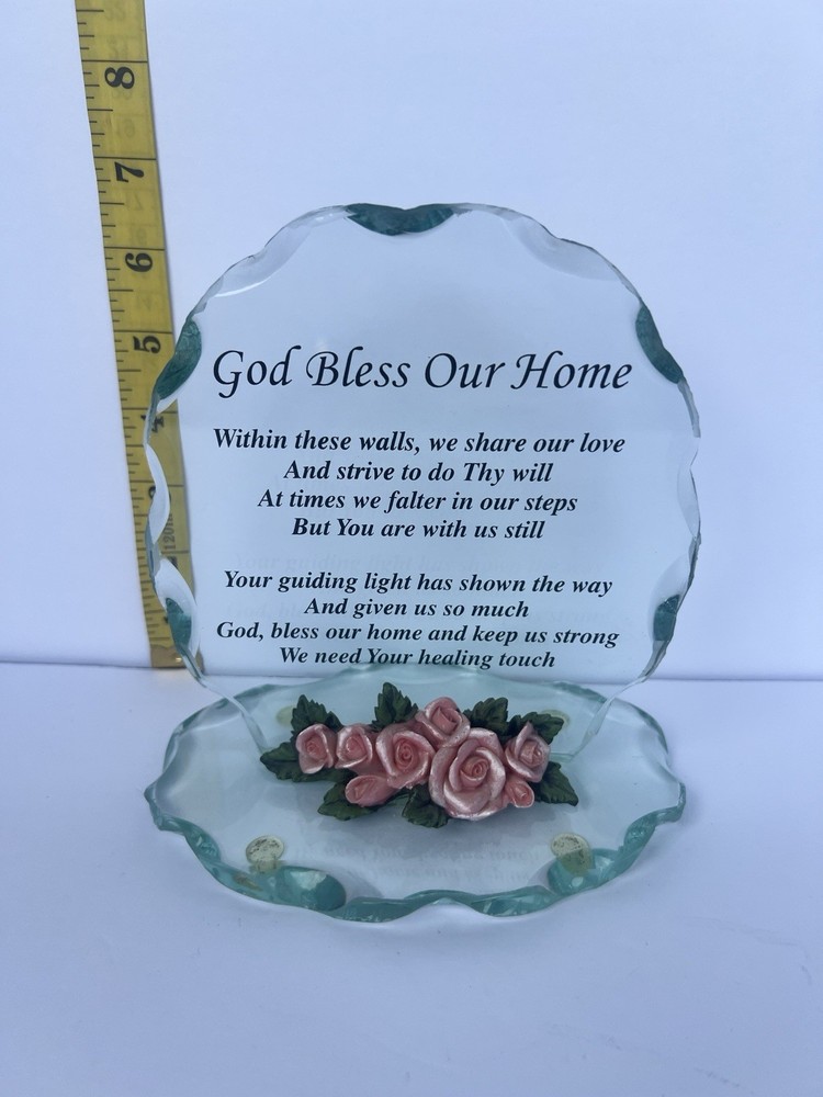 God Bless Our Home Glass Freestanding Decorative Plaque Floral Scalloped 7.75in
