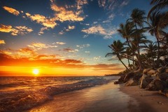Sunrise Over Tropical Beach Palm Tree Ocean Photo Art Print Poster 24×36 inch
