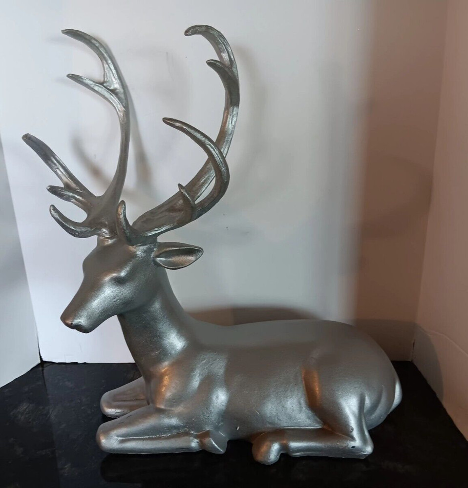 Modern Silver Resin Plastic Reindeer Deer Resting Figurine 15″ High, 12″ Long